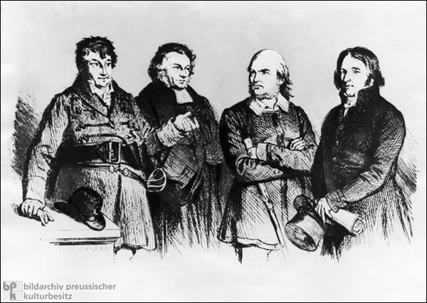 Johann Gottlieb Fichte, Friedrich Schleiermacher, Friedrich Ludwig Jahn, and Ernst Moritz Arndt (Undated Woodcut)